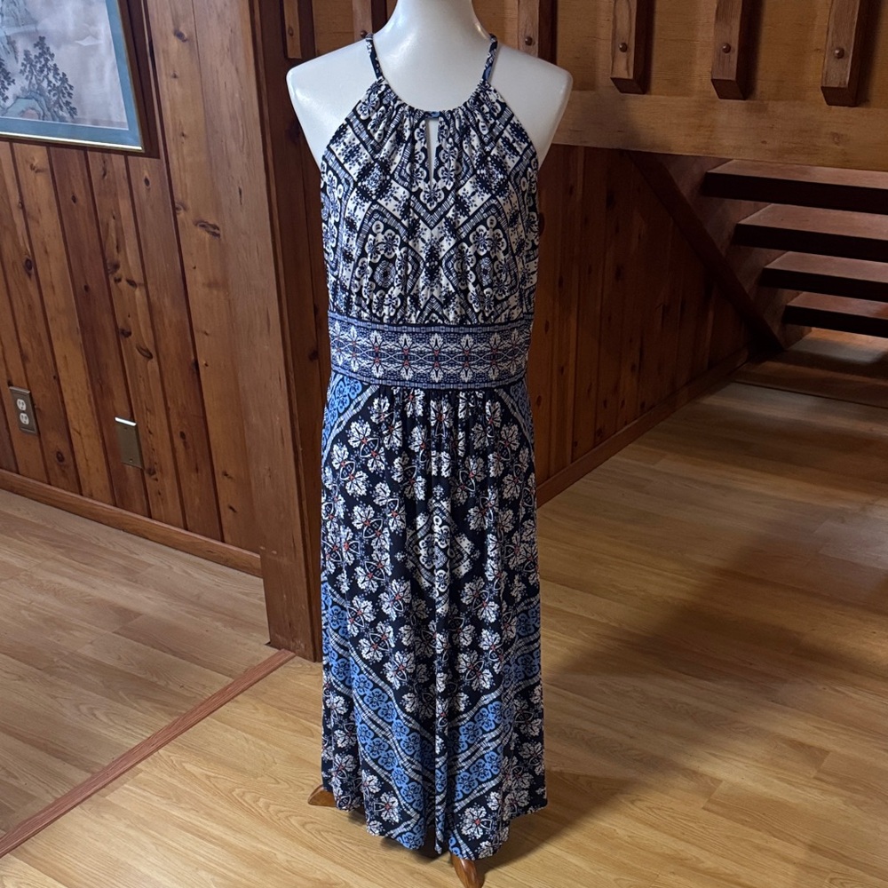 London Times Size 10 short Navy and White Patterned Maxi Dress shortened altered
